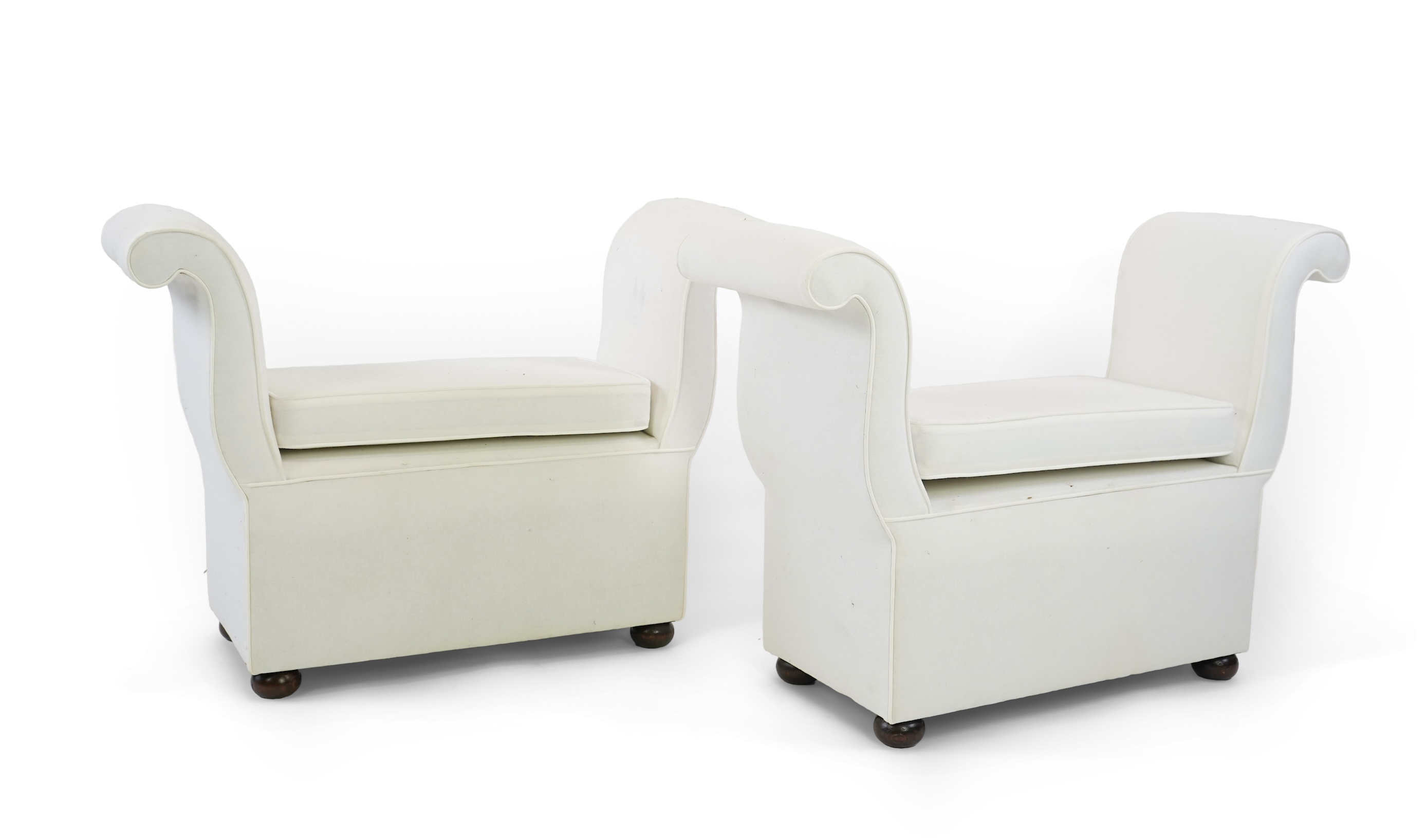 A pair Victorian style upholstered scroll end stools